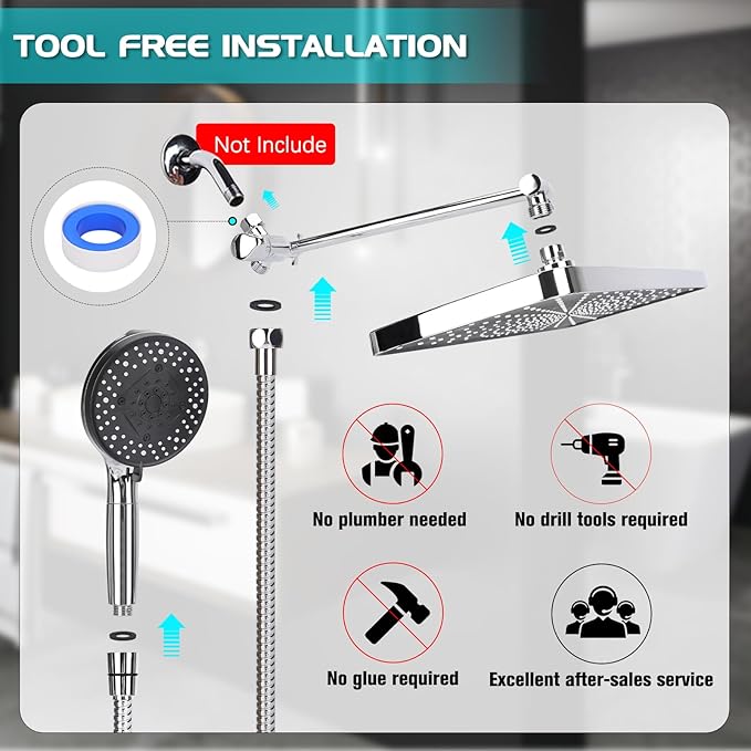 Shower Head 14'' High Pressure Rain Shower Head Combo, Filtered Handheld with 10 Water Spray, 3-Way Diverter Extension Arm Rainfall Showerhead, Adjustable Shower head with Anti-Clog Nozzles