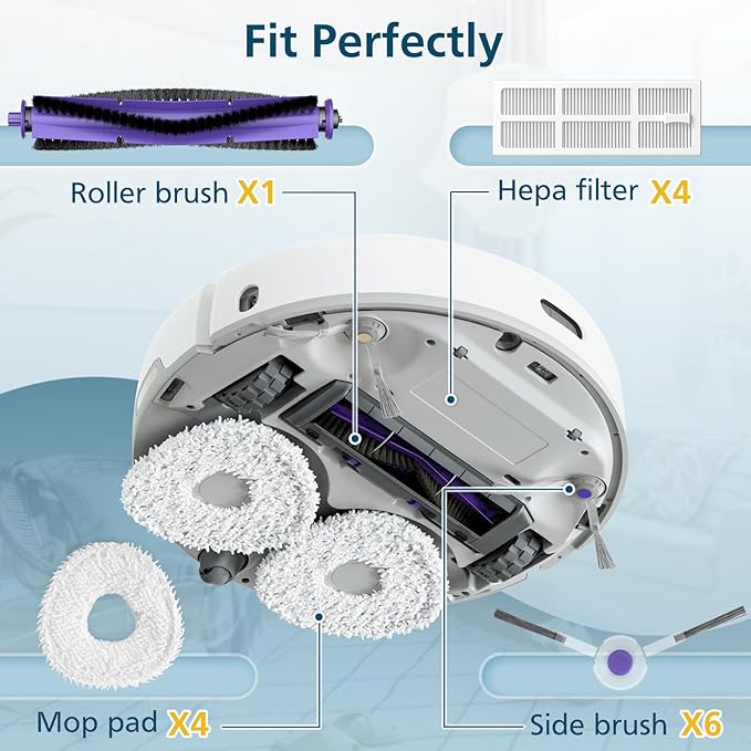 Replacement Parts Accessories Compatible with Narwal Freo Robot Vacuum 1 Roller Brush,4 HEPA Filters, 4 Mop Pads, 6 Side Brushes, 15 Pack