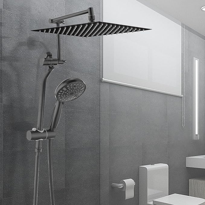 High Pressure 12 Inch Rainfall Shower Head with Handheld Combo, 16" Adjustable Extension Arm Build-in 3-way Diverter, Dual Shower Head Combo Set with Adjustable Height Slide Bar - Matte Black