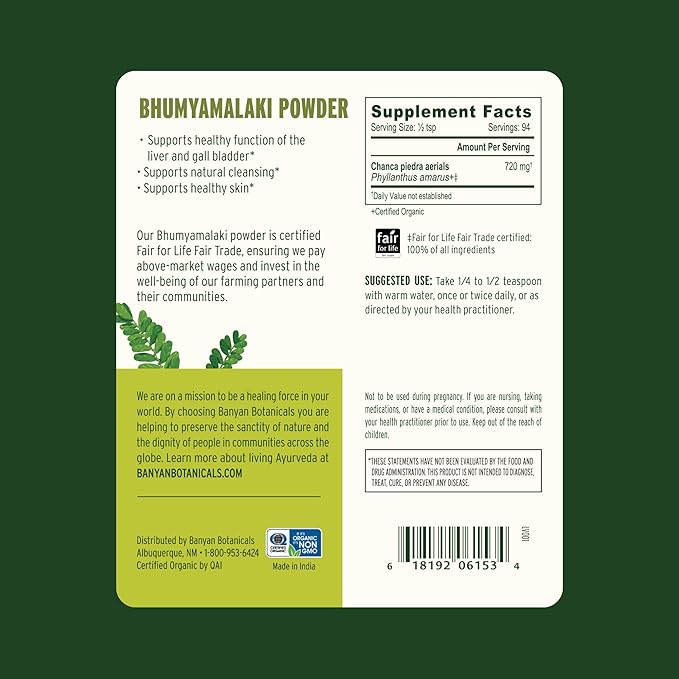 Banyan Botanicals Bhumyamalaki Powder – Organic Bhumyamalaki (Phyllanthus spp.) Herb Powder – Bitter & Cooling – Natural Ayurvedic Liver Detox* – 3 oz – Non-GMO Sustainably Sourced Vegan