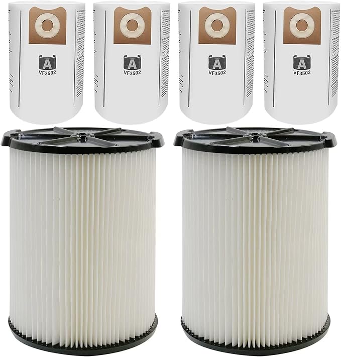 2 Pack VF4000 Filter for Ridgid 72947 Standard Wet Dry Vac 5-20 Gallon Vacuum Cleaners + 4 Pack VF3502 Filter Bags Compatible with Ridgid 12-16 Gallon Wet Dry Vacuums (6 Pack)