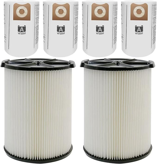 2 Pack VF4000 Filter for Ridgid 72947 Standard Wet Dry Vac 5-20 Gallon Vacuum Cleaners + 4 Pack VF3502 Filter Bags Compatible with Ridgid 12-16 Gallon Wet Dry Vacuums (6 Pack)
