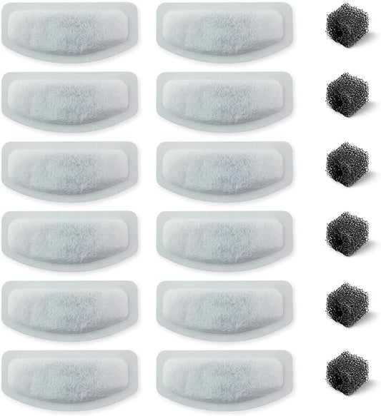 PET STANDARD Replacement Water Filter & 6 Pack Replacement Pre-Filter Sponges Compatible With ORSDA® 67oz/2L Stainless Steel Pet Water Fountains, Pack of 12