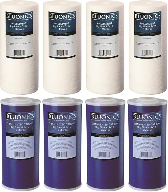 Bluonics Sediment & GAC Carbon Replacement Water Filters 8pcs 4.5" x 10