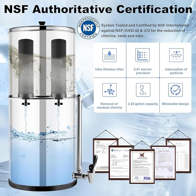 2.25 Gallon Stainless Steel Gravity-fed Water Filter System with Black Activated Carbon Filter and Fluoride Filters for Home, Camping, Travel, Outdoor Adventures and Emergencies - 2 Year Warranty