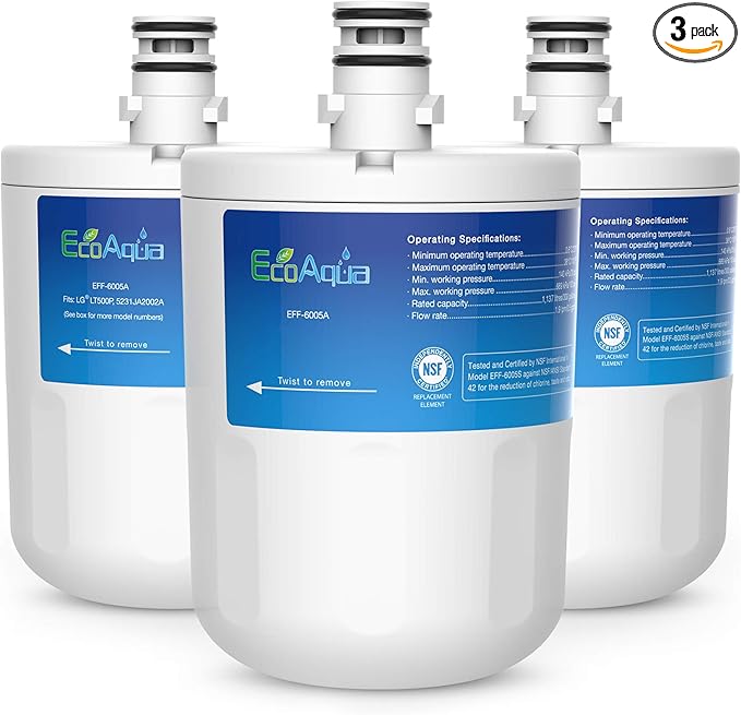 EcoAqua EFF-6005A Replacement for LG® LT500P®, 5231JA2002A, ADQ72910901, Kenmore GEN11042FR-08, 9890, 46-9890 Refrigerator Water Filter, 3 Pack