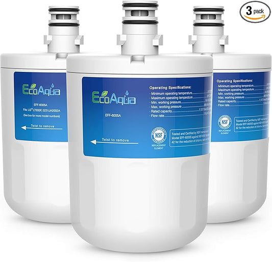 EcoAqua EFF-6005A Replacement for LG® LT500P®, 5231JA2002A, ADQ72910901, Kenmore GEN11042FR-08, 9890, 46-9890 Refrigerator Water Filter, 3 Pack