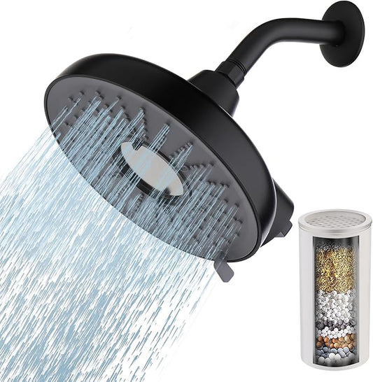 Filtered Shower head,8-Inch High Pressure Rainfall Showerhead, 360°Adjustable Swivel,3 Spray Patterns,15 Stage Shower Filter Combo（Black）
