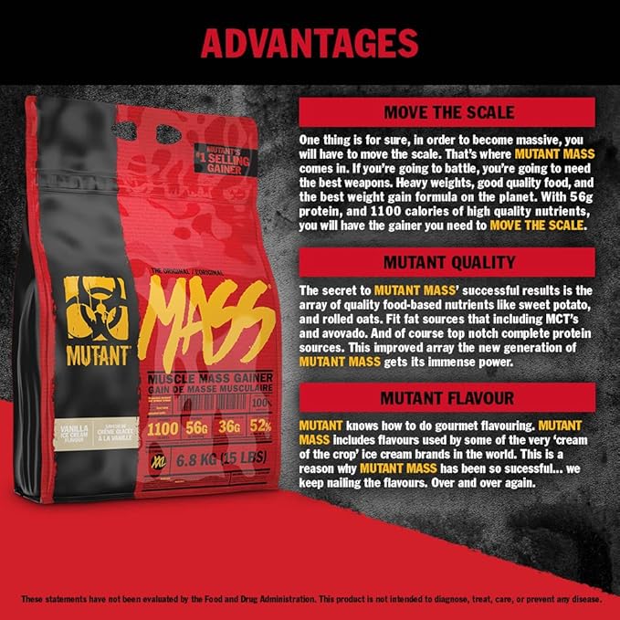 Mutant Mass Weight Gainer Protein Powder – Build Muscle Size and Strength with 1100 Calories – 56 g Protein – 26.1 g EAAs – 12.2 g of BCAAs – 15 lbs with 24 Servings – Cookies & Cream