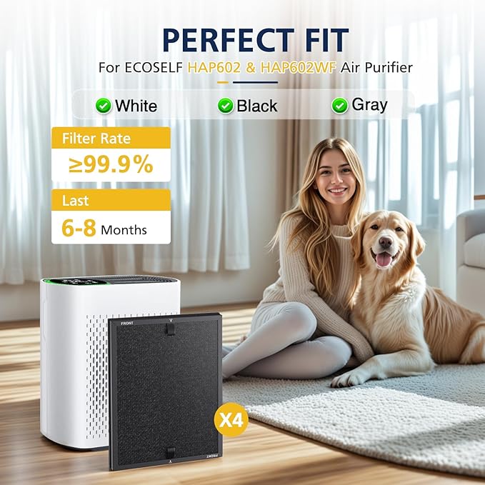 4 Packs HAP602 Replacement Filters for ECOSELF HAP602/ HAP602WF Air Purifi-er, 3-IN-1 HAP602 Hepa Filter Replacement, High-Efficient Filtration with Activated Carbon