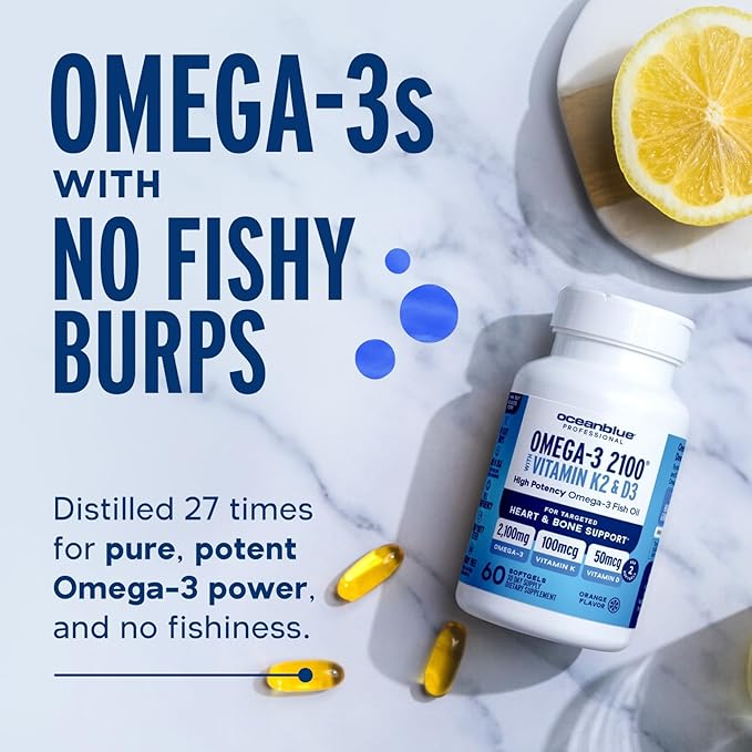 Oceanblue Professional Omega-3 2100 with Vitamin K2 and Vitamin D3-120 Count 2 Pack- Triple Strength Burpless Fish Oil Supplement with EPA, DHA & DPA - Wild Caught - Orange Flavor, 60 Servings