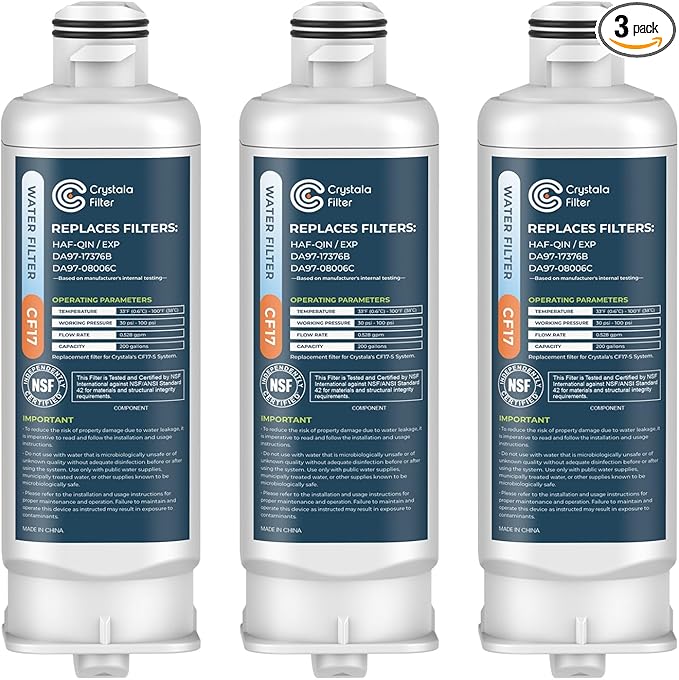 Crystala Filters Replacement for DA97-17376B Water Filter, NSF 42 Compatible with Samsung HAF-QIN, HAF-QIN/EXP, DA97-08006C, RF23M8070SG, RF23M8070SR, RF23M8090SG, RF23M8570SR (3 Pack)