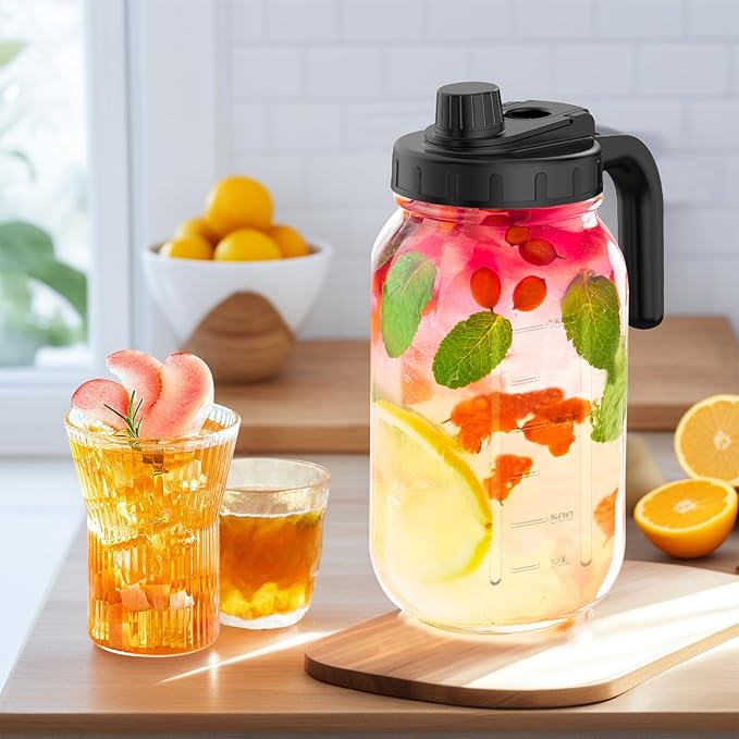 2 Pack 64oz Glass Mason Jar Pitchers with Wide Mouth & Measurement Marks – Leak-Proof Twist Lids for Cold Brew, Iced Tea, Juice, Lemonade