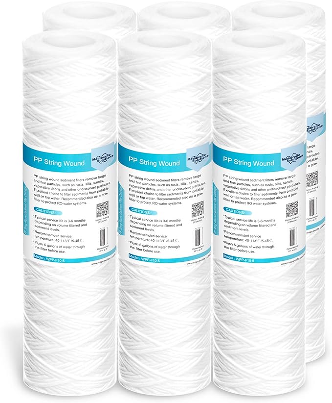 Membrane Solutions 20 Micron 10"x2.5" String Wound Whole House Water Filter Replacement Cartridge Universal Sediment Filters for Well Water - 6 Pack