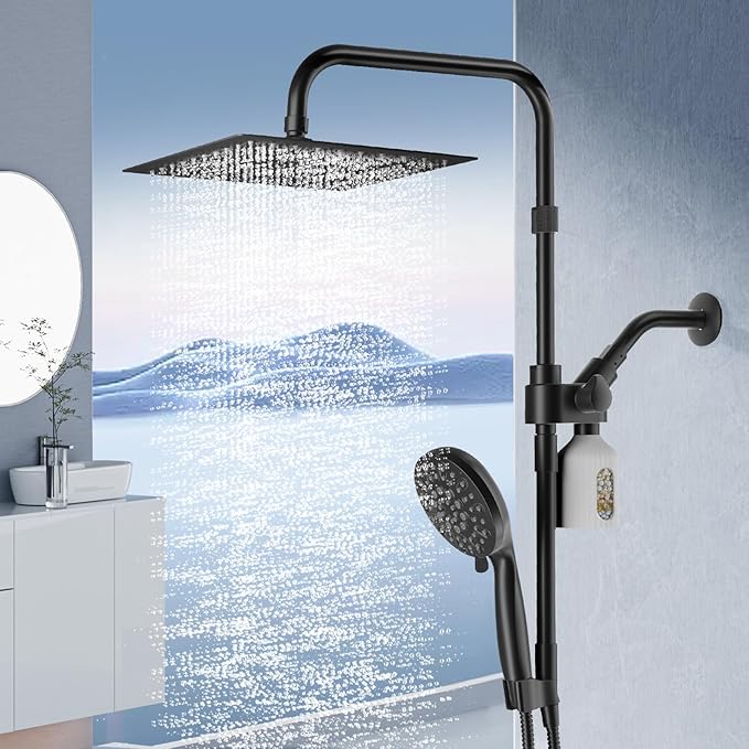 10" Filtered Rain Shower Head with Handheld Spray Combo, High Pressure Shower Head and Handle Set with Filter, Dual Shower Head with Extra Long Hose and Adjustable Extension Arm (Black)