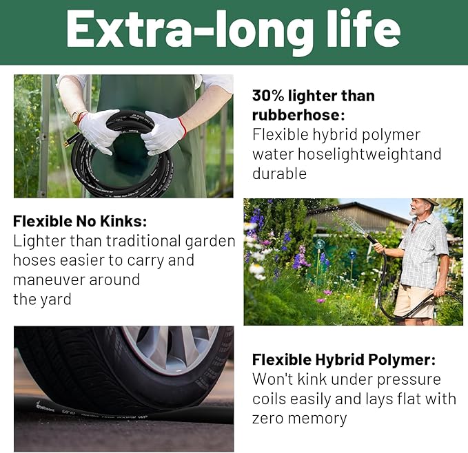 Garden Hose 25 ft x 5/8 in Heavy Duty Water Hose, Flexible and Durable, Lightweight Rubber Hybrid Hose, Leak-Free Connections, Male to Female Fittings, BT25B, Black