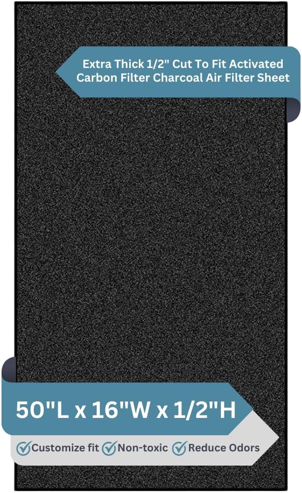 Extra Thick Activated Carbon Filter Sheet - Premium 16"W x 50"L Cut to Fit Air Filter - Ideal Use for Air Purifier, AC Vents, Range Hood, Litter Box and Compost Odor/VOC Control