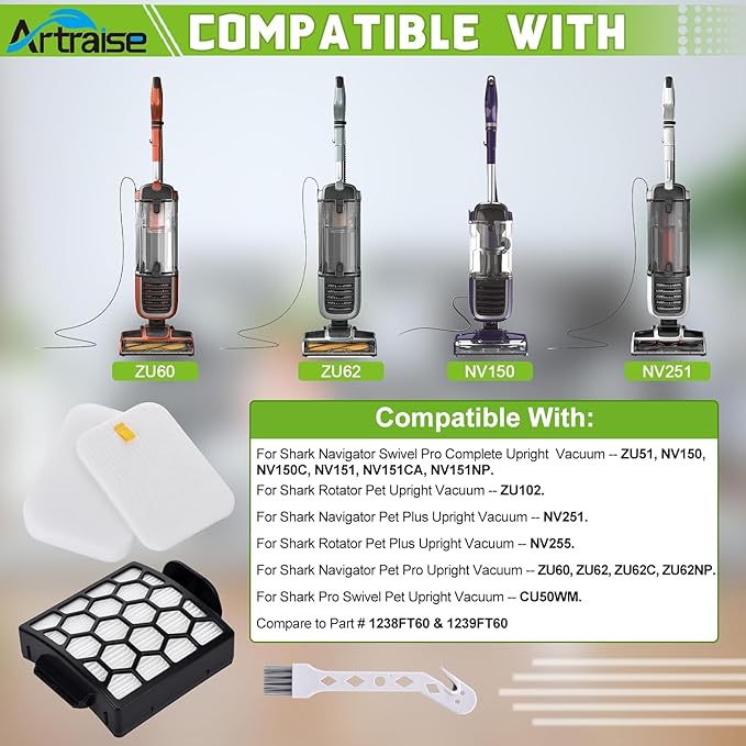 Artraise Filter Replacement for Shark NV255 NV251 NV151 ZU62 ZU60 ZU51 Navigator Zero-M Self-Cleaning Brushroll Pet Pro Vacuum, Part #1238FT60 & 1239FT60, 2 HEPA Filters 6 Foam 6 Felt Kit (Black)