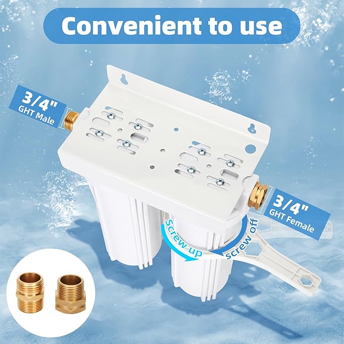 External RV Dual Water Filter System, Includes mounting bracket, two filters and two 3/4" GHT brass fittings, For reducing sediment, dirt, sand, odors and chlorine, For RVs Yachts Homes Marine