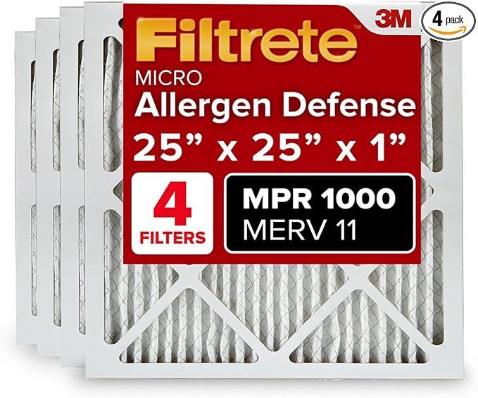 Filtrete 25x25x1 AC Furnace Air Filter, MERV 11, MPR 1000, Micro Allergen Defense, 3-Month Pleated 1-Inch Electrostatic Air Cleaning Filter, 4 Pack (Actual Size 4-Pack 24.688x24.688x0.813 in)