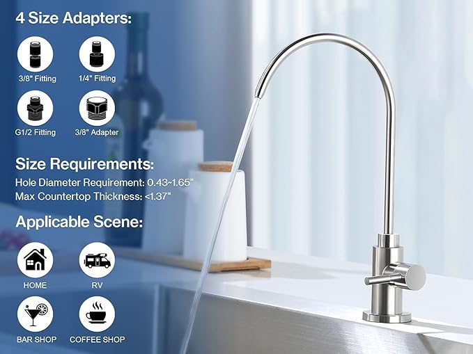 Water Filter Faucet, VMASSTONE Reverse Osmosis Faucet Fits Most RO Units or Water Filtration System in Non-Air Gap, Lead-Free Stainless Steel Drinking Water Faucet for Bar Kitchen Sink, RV (DM001 BN)