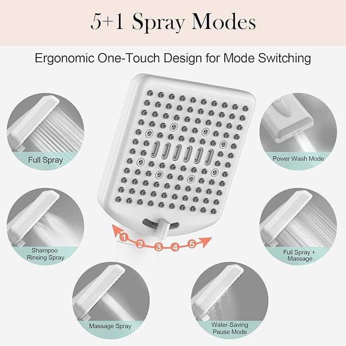 Filtered Shower Head with Handheld White - High Pressure 6 Modes, 120 Anti-clog Nozzles, Detachable Showerhead with Hard Water Filters, Extra Long 6ft Hose, Power Wash Mode for Bathroom, Pets