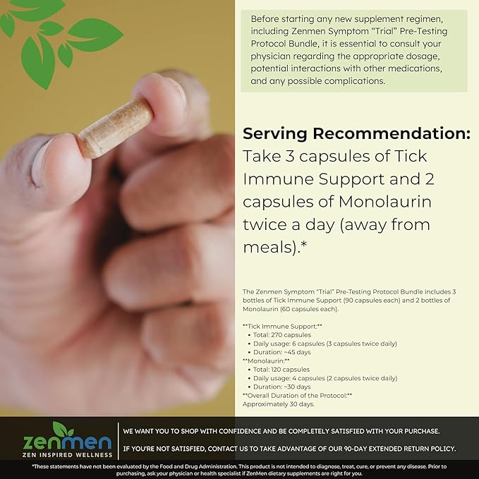 Zenmen Pre-Testing Complete Bundle - Helps Balance Your System Before Testing - 3 Tick Immune Support + 2 Monolaurin Capsules