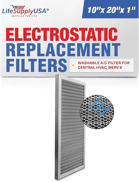10x20x1 Electrostatic Air Filter, MERV 8, Washable, Reusable Furnace AC/HVAC Filter, Energy Saving, Easy to Clean, Long-Lasting by LifeSupplyUSA
