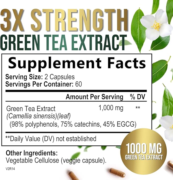 Green Tea Extract Capsules 1000mg with 98% Standardized Polyphenols & 45% EGCG for Heart Support with Antioxidants - 3X Absorption Green Tea Pills for Natural Energy, Gentle Caffeine - 120 Capsules