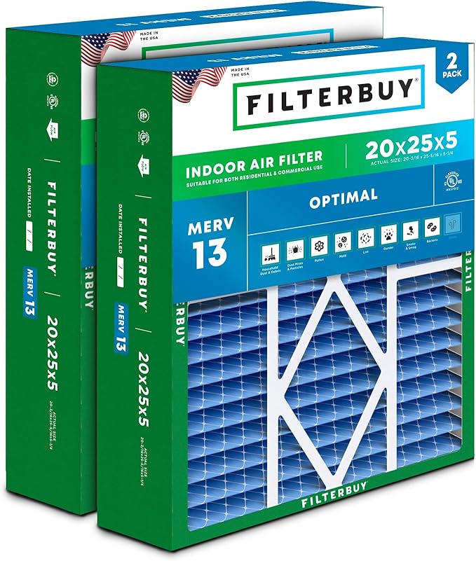 Filterbuy 20x25x5 Air Filter MERV 13 Optimal Defense (2-Pack), Pleated HVAC AC Furnace Air Filters for Amana, Coleman, Goodman, Maytag, York, and More (Actual Size: 20.19 x 25.31 x 5.25 Inches)