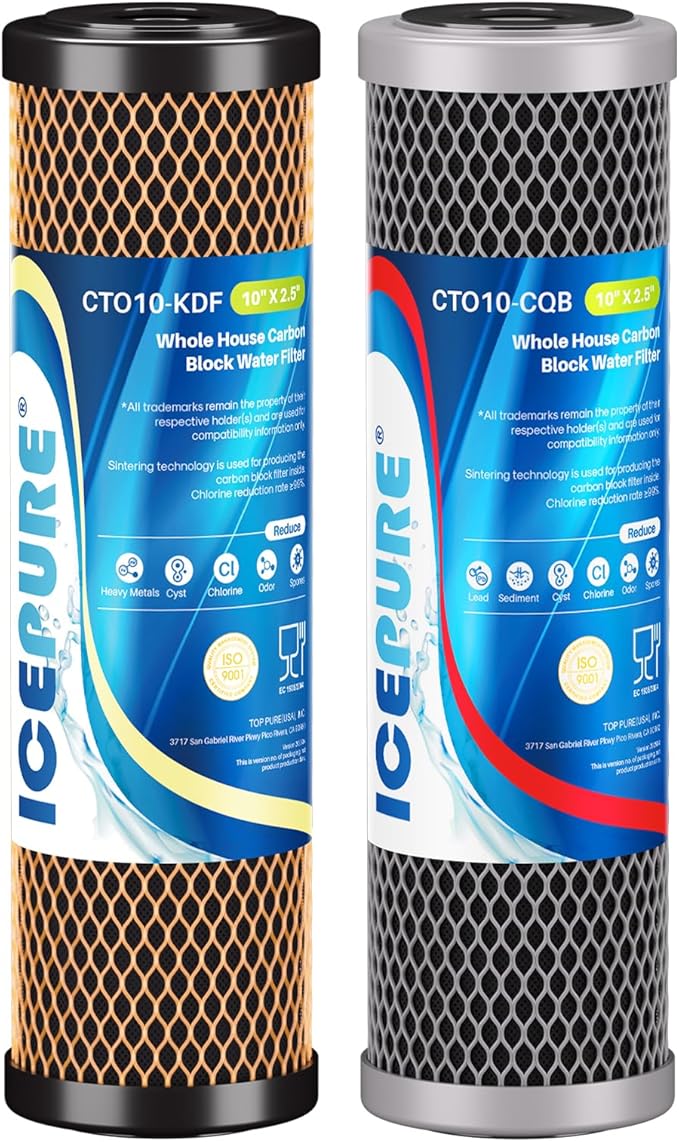 ICEPURE 2.5" x 10" Whole House CTO Activated Carbon Water Filter Combo Kit, 10 Inch KDF Cartridge and Upgraded Activated Carbon Lead Remove Filter Replacement for FXWTC, WHEF-WHWC and MORE, 1PACK