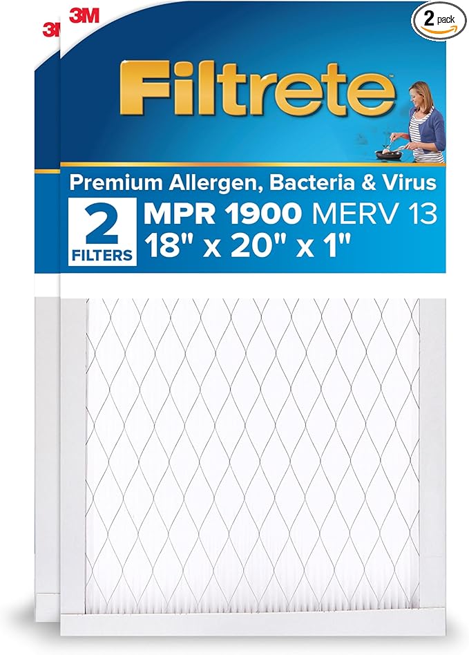 Filtrete 18x20x1 AC Furnace Air Filter, MERV 13, MPR 1900, Premium Allergen, Bacteria & Virus Filter, 3-Month Pleated 1-Inch Electrostatic Air Cleaning Filter, 2-Pack (Actual Size 17.81x19.81x0.81 in)