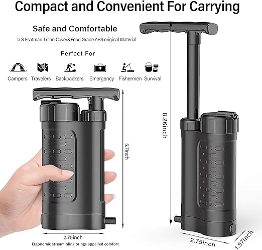 Water Filter Pump, 0.01 Micron 5-Stage Water Filter,Portable Outdoor Emergency and Survival Gear - Camping, Hiking, Backpacking (k8188 Black)