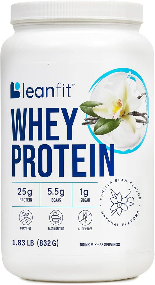 LeanFit WHEY Protein Natural Vanilla – 100% Whey Protein Powder, 24g Protein Per Serving – Grass-Fed, Gluten-Free, Low Carb, BCAAs, Amino Acid – 23 Servings, 1.83 Pound Tub