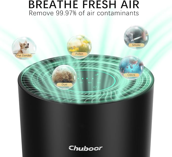 Chuboor Air Purifiers for Home Large Rooms up to 2190ft², H13 True HEPA for Bedroom Dorm Room Pets, kitchen, washroom, with Timer, Auto Mode, Sleep Mode, for Smoke and Dust, Pollen, Odors, PJ01, Black