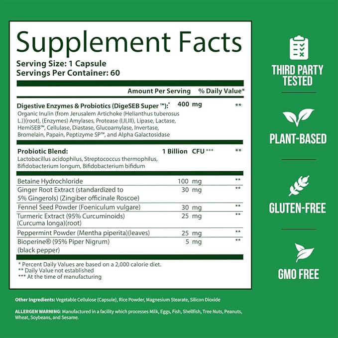 GoBiotix Digestive Enzymes Supplement with Prebiotics and Probiotics for Women and Men - Gut Health, Gluten Digestion, Lactose Absorption, Plant Based Dietary Pills - 60 Capsules