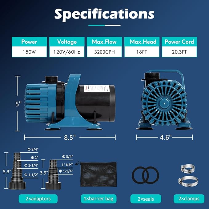 150W 3200 GPH Pond Pump for Outdoor Ponds, Pond Waterfall Pump with 20FT Power Cord, 180° Adjustable Flow Direction & Barrier Bag, Ultra-Quiet Water Fountain Pump, UL Listed