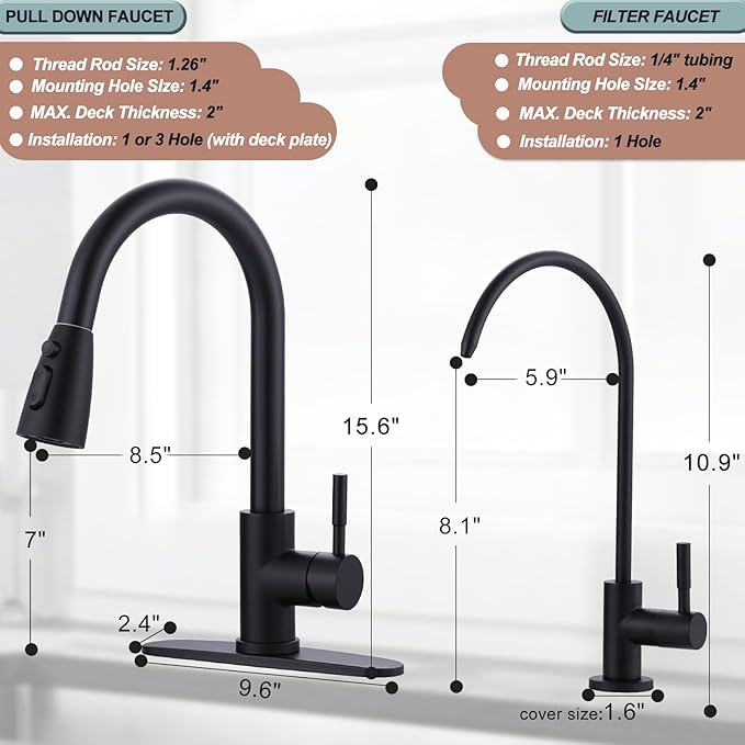 Black Kitchen Faucet and Water Filter Faucet Combo, WOWOW Stainless Steel Kitchen Sink Faucet with Drinking Water Faucet for Reverse Osmosis or Water Filtration System, Matte Black