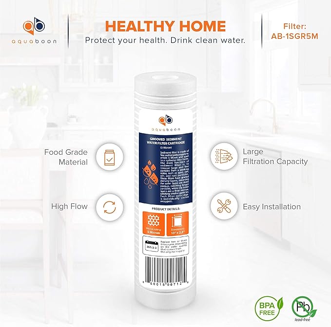 Aquaboon 5 Micron 10 x 2.5 Grooved Sediment Water Filter Replacement for Whole House Filter Cartridge Compatible with AP110, WHKF-GD05, CFS110, 25-Pack