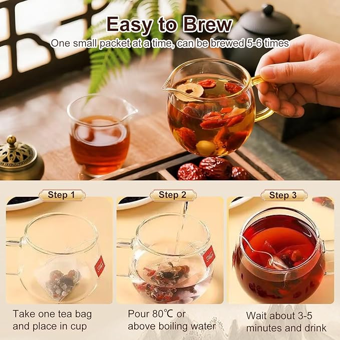 Ginseng Six Treasure Tea, Natural Traditional Chinese Tea 7 Ingredient Formula Ginseng Five Treasures with Wolfberry, Red Date Ginsengs and Mulberry Herbal Blend TeaBags for Women Men (70 Bags/1 Pack)