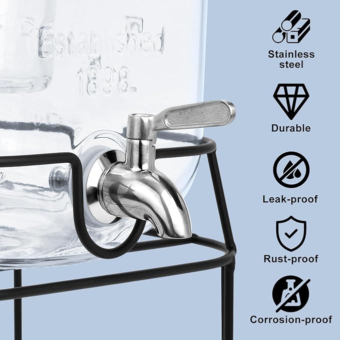 2 Gallon Glass Drink Dispensers For Parties,Beverage Dispensers With Stand And 100% Leakproof Stainless Steel Spigot.Glass Water Jug Dispenser,Lemonade Dispenser,Mason Jar.