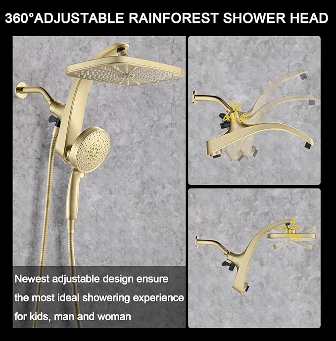 High Pressure Rain Shower Head: Upgrade Shower Heads with Handheld Spray Combo with Fixed Showerhead and 10 Sprays Handheld Shower Head, Detachable Shower head Built-in Power Jets