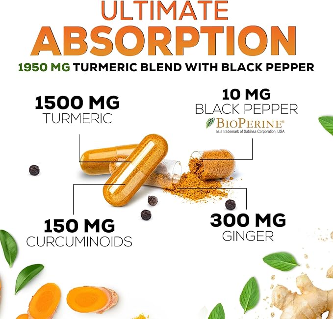 Turmeric Curcumin Supplement 1950mg - 95% Curcuminoids with Organic Turmeric & Ginger, BioPerine Black Pepper for Best Absorption, Nature's Vegan Joint Support, Non-GMO, Bottled in USA - 240 Capsules