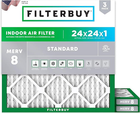 Filterbuy 24x24x1 Air Filter MERV 8 Dust Defense (3-Pack), Pleated HVAC AC Furnace Air Filters Replacement (Actual Size: 23.38 x 23.38 x 0.75 Inches)