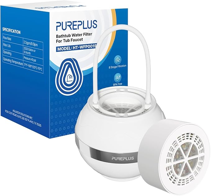 PUREPLUS Bathtub Bath Water Filter for Tub with 1 Extra Replacement Filter,8 Stages Kinder Filter,2500 Gallons Filtration,Remove Contaminants,Softer Skin & Hair,Reduce Chlorine & Heavy Metals,BPA Free
