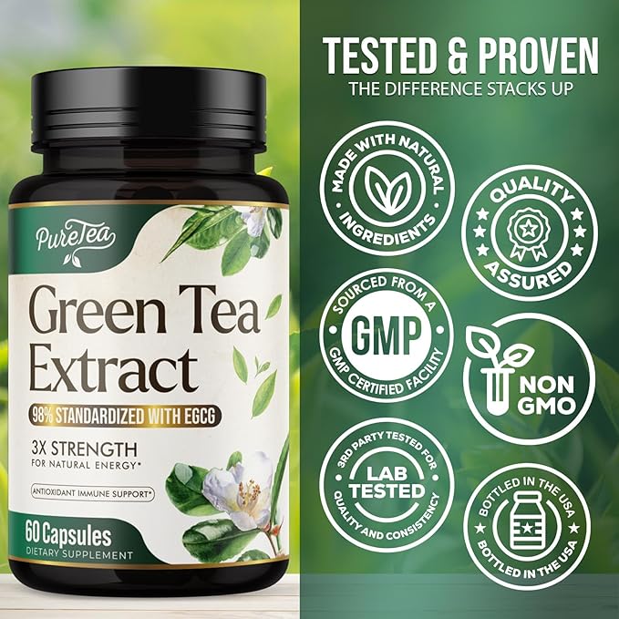Green Tea Extract Capsules 1000mg with 98% Standardized Polyphenols & 45% EGCG for Heart Support with Antioxidants - 3X Absorption Green Tea Pills for Natural Energy, Gentle Caffeine - 60 Capsules