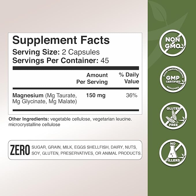 Gade Nutrition Triple Magnesium Complex with Magnesium Glycinate, Magnesium Malate & Magnesium Taurate | Pure Magnesium Supplement for Sleep and Calm, Veggie Capsules | Made in USA