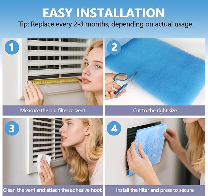 12" x 90" Air Vent Filters, with 48Pcs Adhesive Hook Tape, Cut to Size Air Filter Material HVAC Furnace Filters Kit MERV 8 Triple Vent Filter for Home Floor Register, Ceiling, Grilles