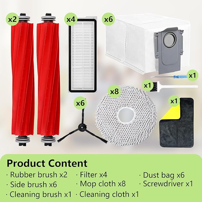 Yivy Accessories Kit Compatible with Roborock Qrevo Pro/MaxV/S/Plus Robotic Vacuum Cleaner, 2 Main Brush Rollers, 6 Black Side Brushes, 4 HEPA Filters, 8 Mop Pads, 6 Dust Bags (Black-29)