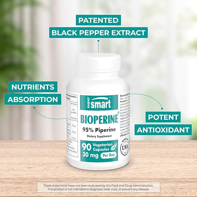 SuperSmart Bioperine 30mg per Day (95% Piperine) - Black Pepper Extract Supplement - Absorption Enhancer - Digestive Enzymes Support | Non-GMO & Gluten Free - 90 Vegetarian Capsules